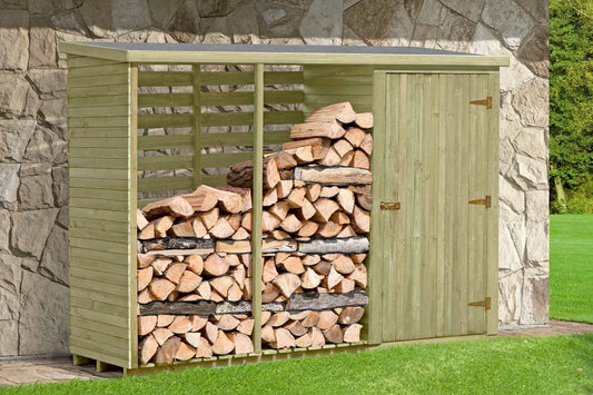 Kaminholzunterstand 06 mit Rückwand und Geräteschrank, Farbe: Grün - Kiefernholz - 280x95x195 cm