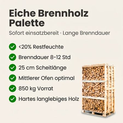 Palette kammergetrocknetes gespalten Eiche Brennholz 25cm