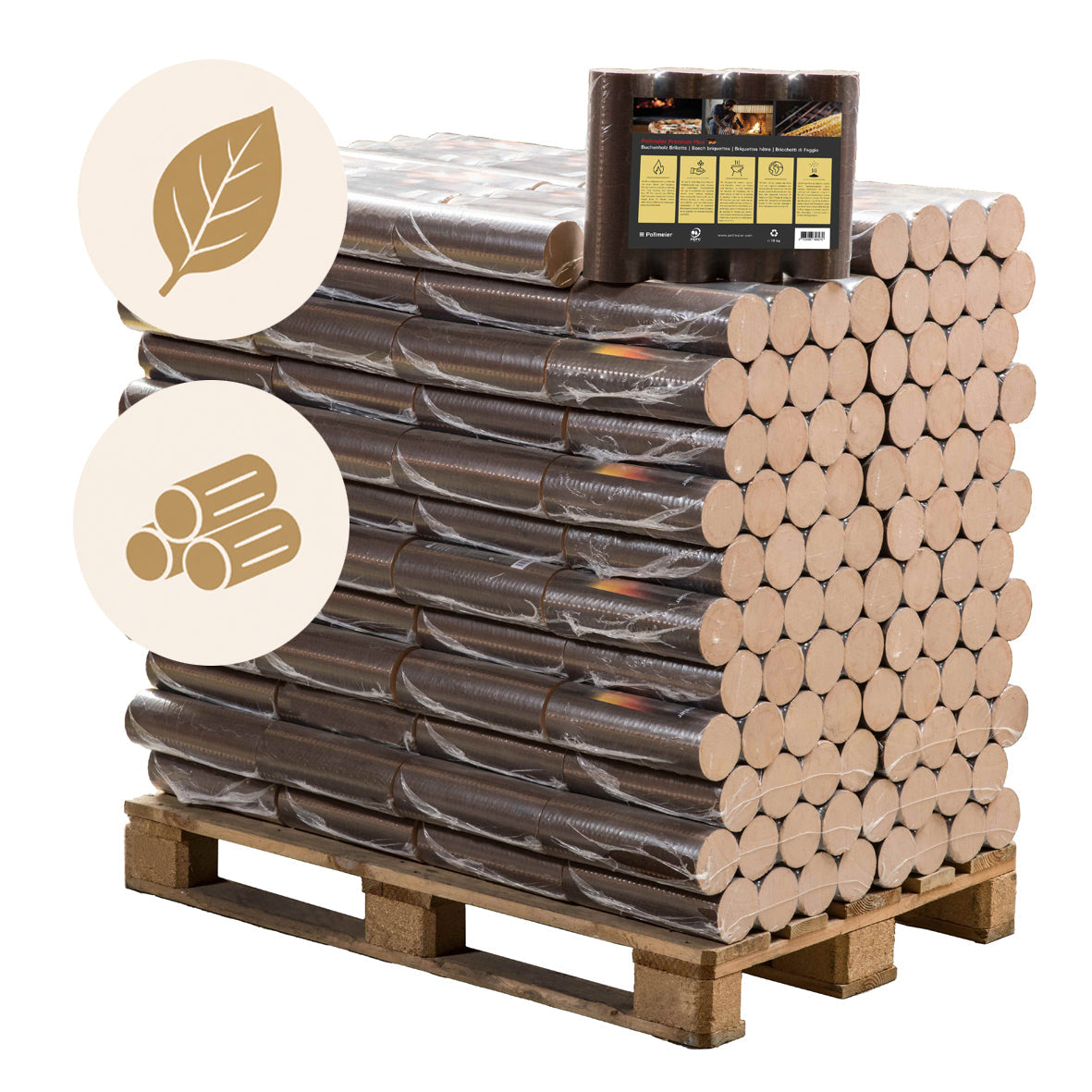 960kg Pollmeier - Runde Buchen Briketts in 10kg-Packungen inkl. Lieferung