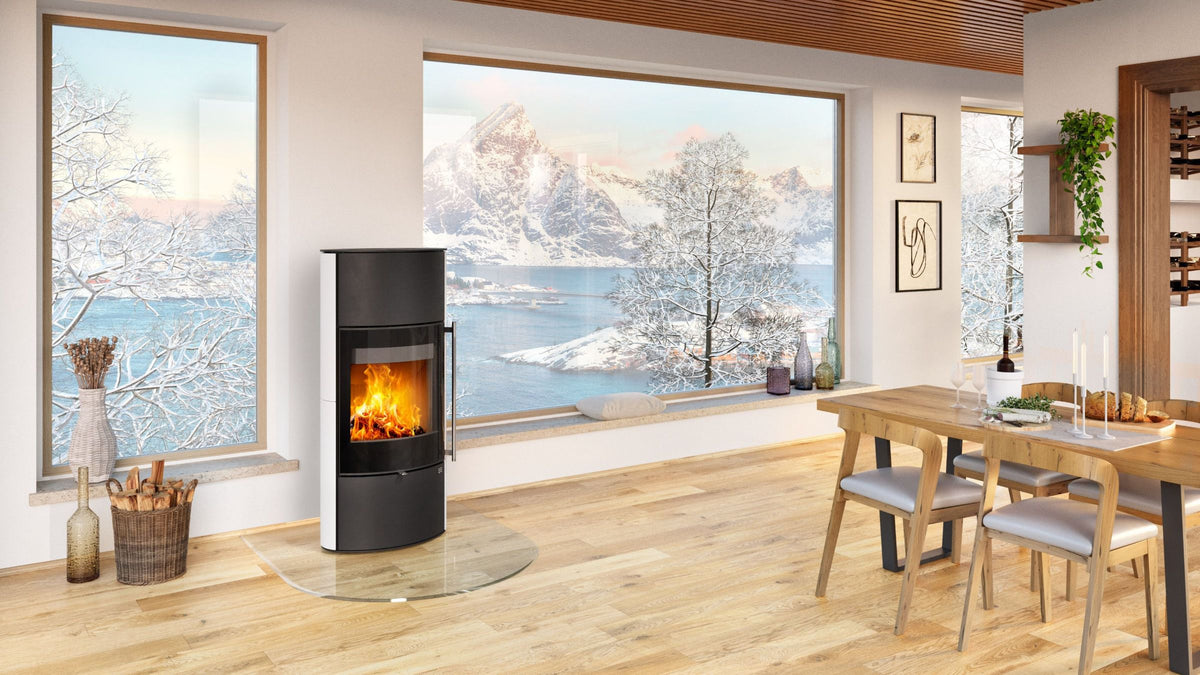 Kaminofen HEIDAL 10 | Außengehäuse aus Keramik | 6,3 kW | Weiß-Schwarz